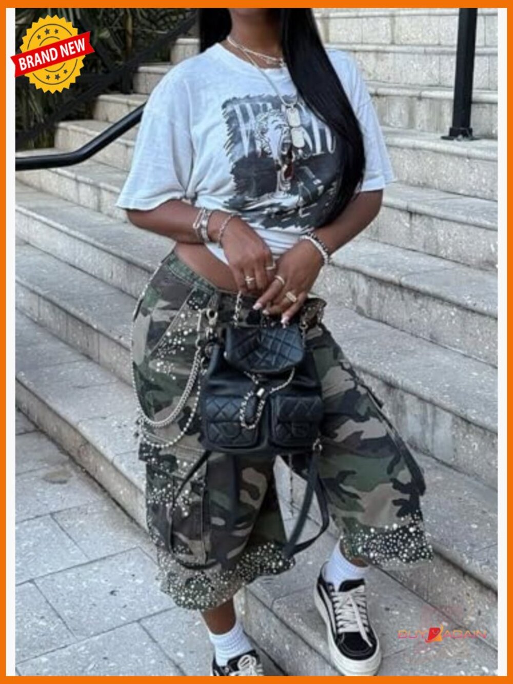High Waist Camo Cargo Pants Loose Wide Leg Pearl Denim Jean Shorts - Picture 5 of 5